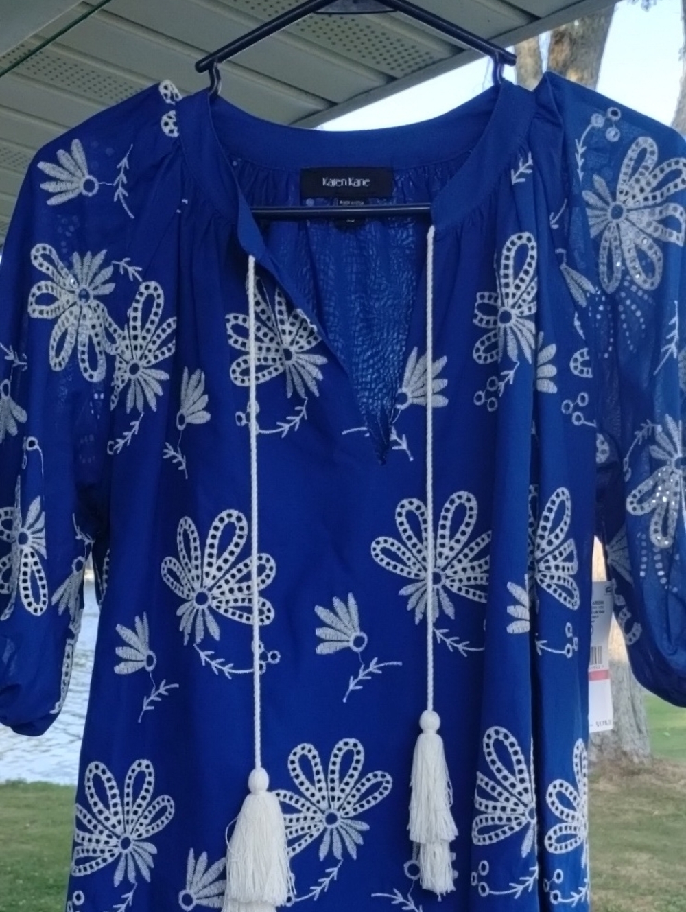 Karen Kane  Blue Dress with Floral Embroidery and Tassels